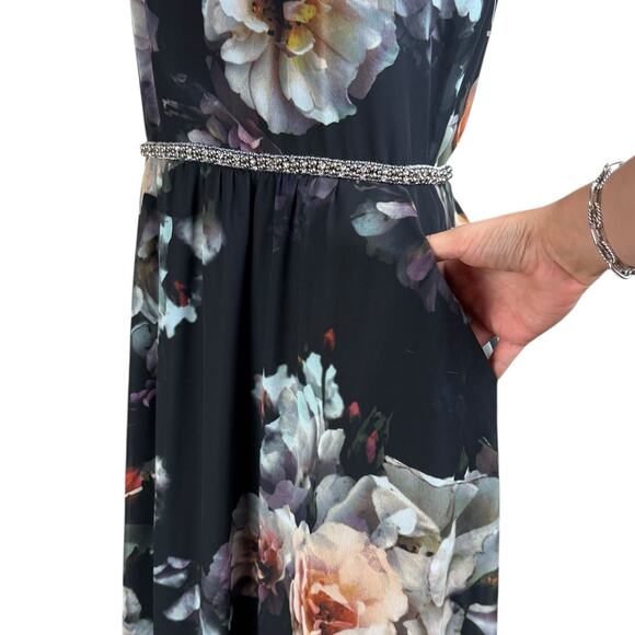 SLNY Black Floral Halter Top Sleeveless Belted Lined Zip Up Maxi Dress Pockets - Picture 7 of 11